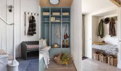 How can adding a narrow bench with storage at the entrance help when putting shoes on and off